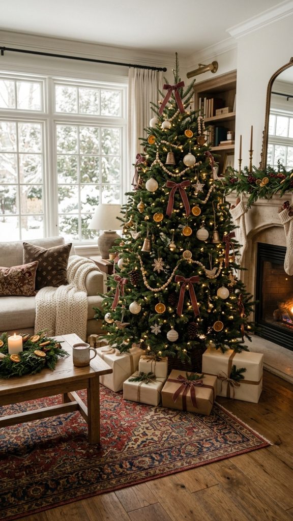 Warm Christmas living room with a layered tree decorated in velvet ribbon, brass ornaments and glowing white lights.