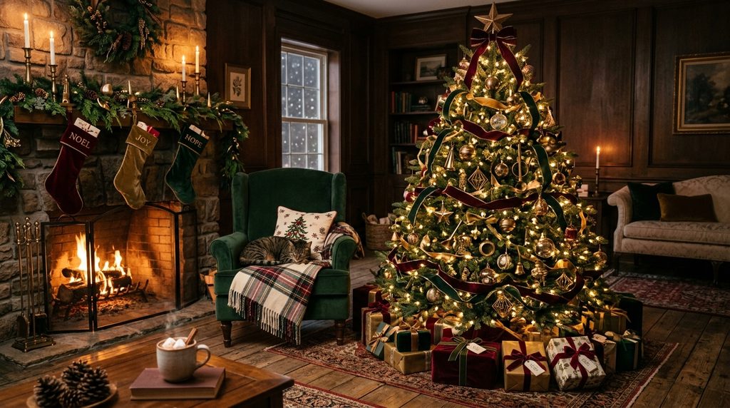 Warm Christmas living room with a layered tree decorated in velvet ribbon, brass ornaments and glowing white lights.