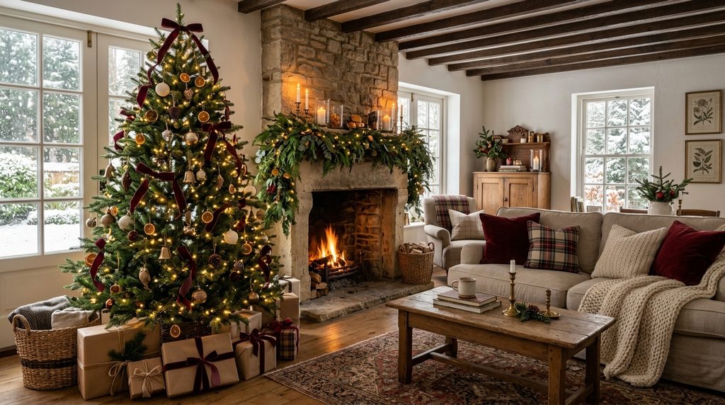 Cozy Christmas living room with a decorated tree, fireplace garland, candles, velvet pillows and warm holiday lights.