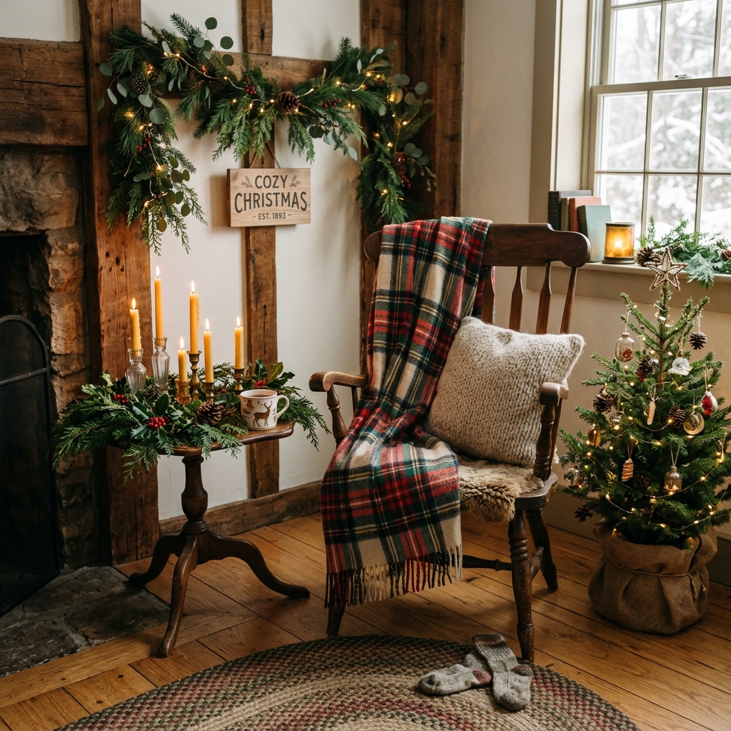 Cozy farmhouse Christmas corner with candles, greenery, plaid blanket, vintage chair, and a small evergreen tree.