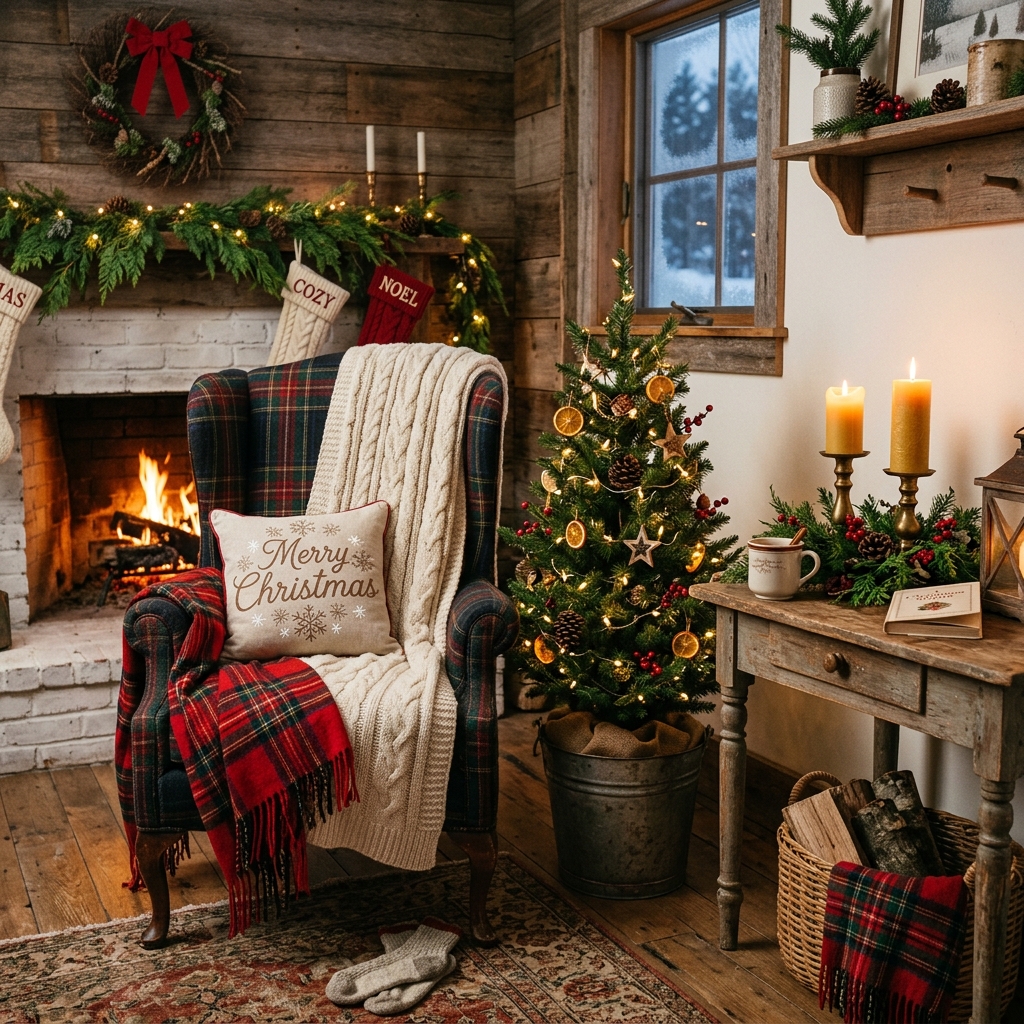Cozy farmhouse Christmas corner with candles, greenery, plaid blanket, vintage chair, and a small evergreen tree.