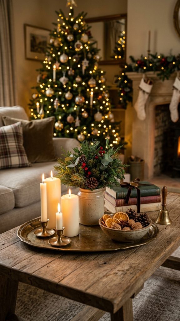 Christmas coffee table styled with candles, evergreen branches, vintage books, brass accents and dried oranges.