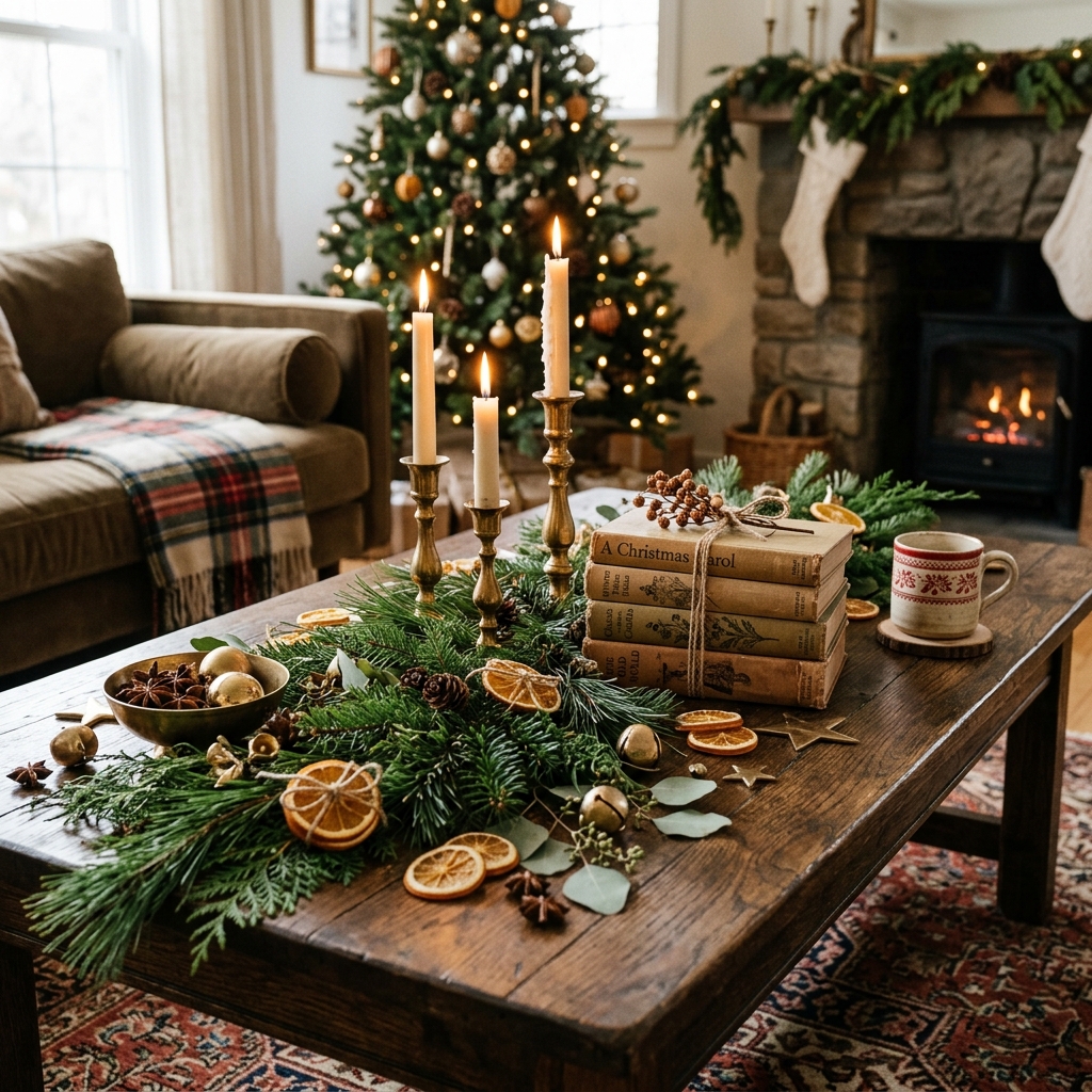 Christmas coffee table styled with candles, evergreen branches, vintage books, brass accents and dried oranges.