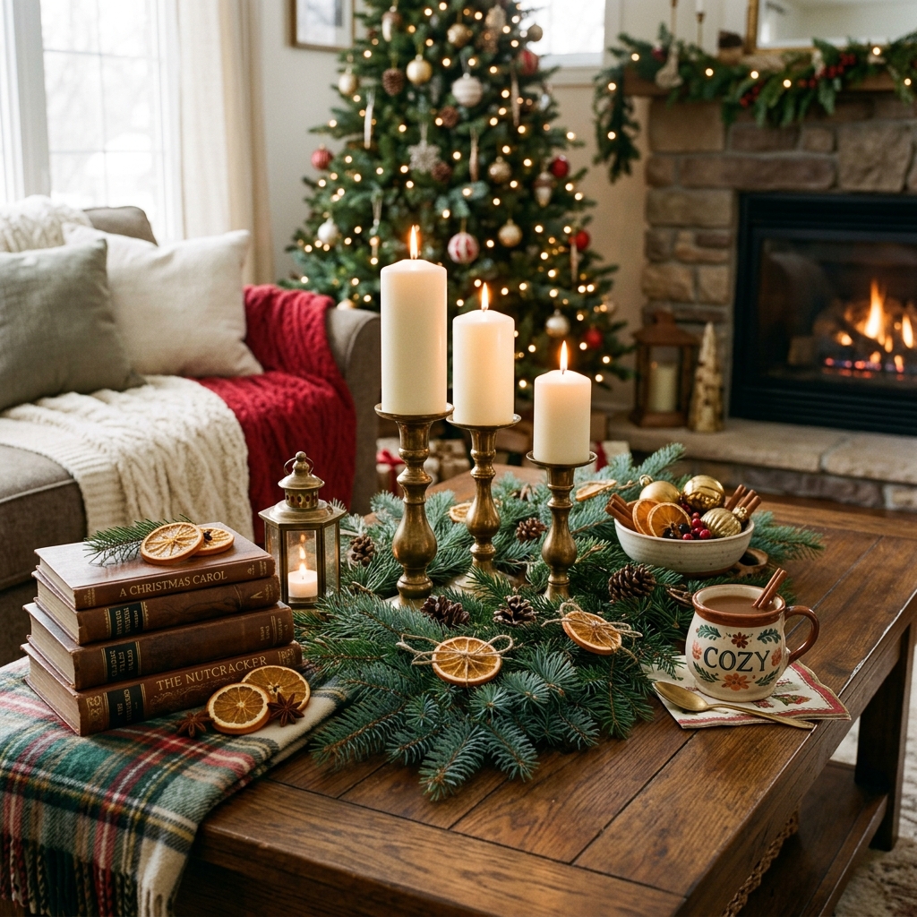Christmas coffee table styled with candles, evergreen branches, vintage books, brass accents and dried oranges.