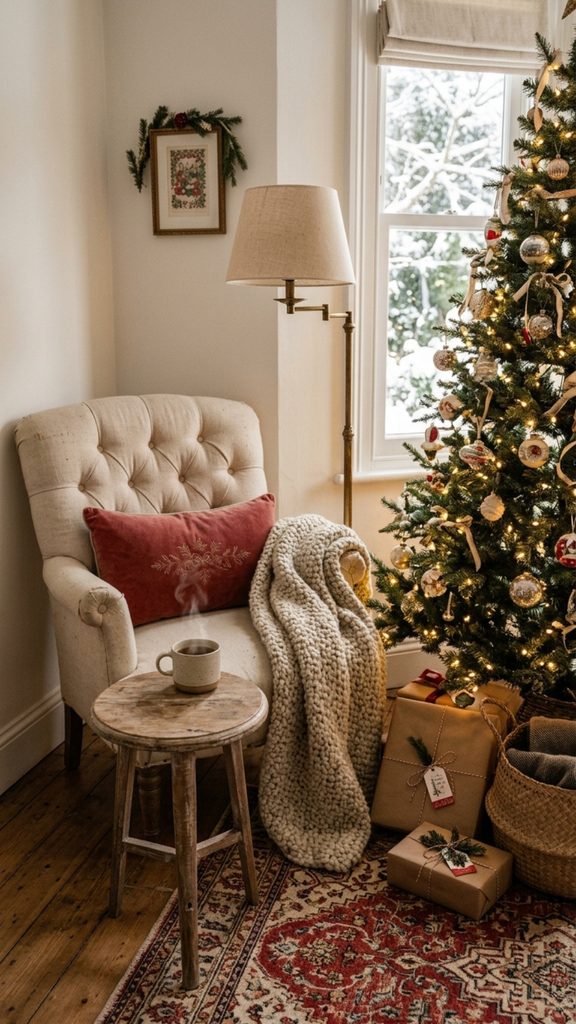 Cozy Christmas reading corner with an armchair, wool blanket, brass lamp and glowing tree.