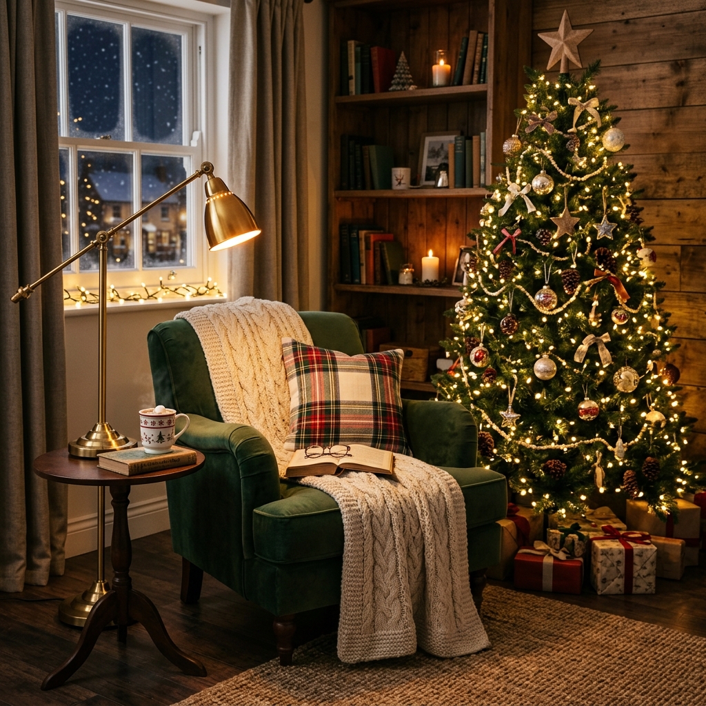 Cozy Christmas reading corner with an armchair, wool blanket, brass lamp and glowing tree.