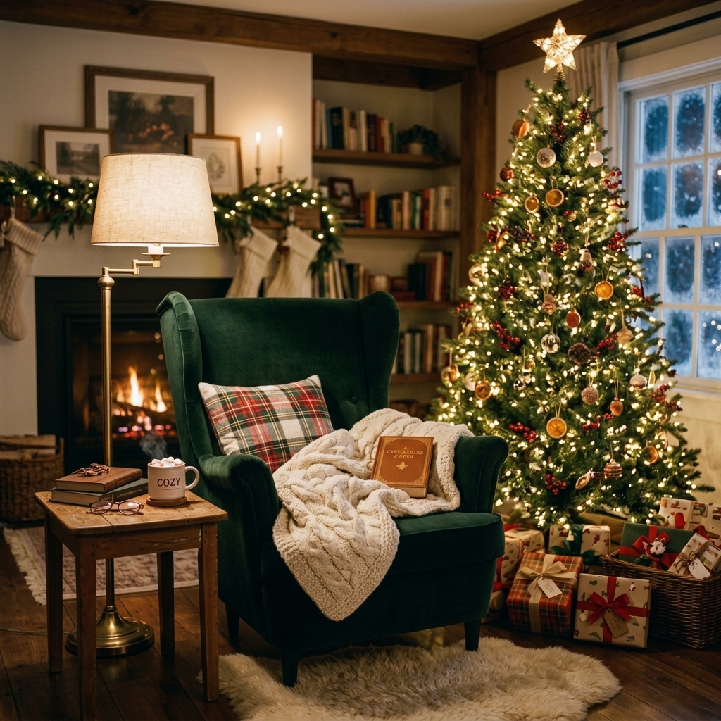 Cozy Christmas reading corner with an armchair, wool blanket, brass lamp and glowing tree.