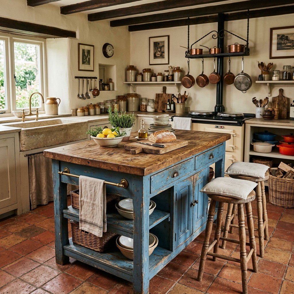 Weathered blue kitchen island with reclaimed oak top in a warm French country kitchen.
