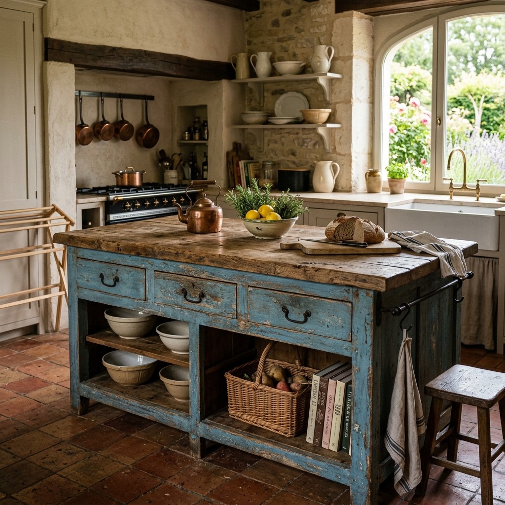 Weathered blue kitchen island with reclaimed oak top in a warm French country kitchen.