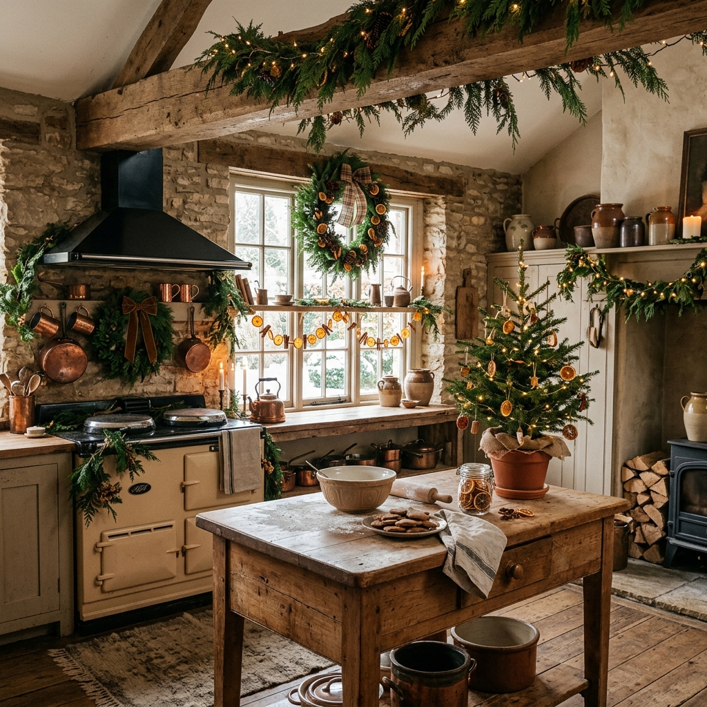 Rustic farmhouse Christmas kitchen with cedar wreaths, mini tree, dried oranges, wood, and vintage copper.