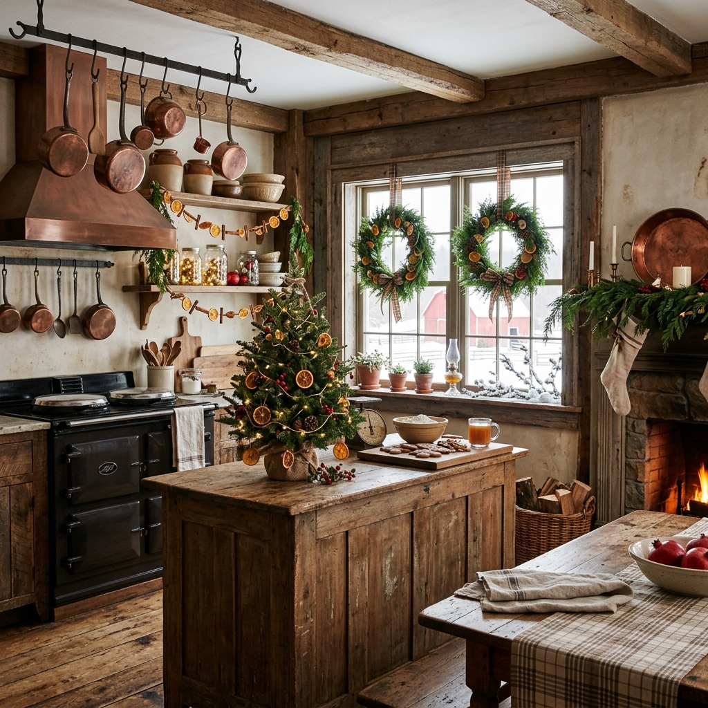 Rustic farmhouse Christmas kitchen with cedar wreaths, mini tree, dried oranges, wood, and vintage copper.