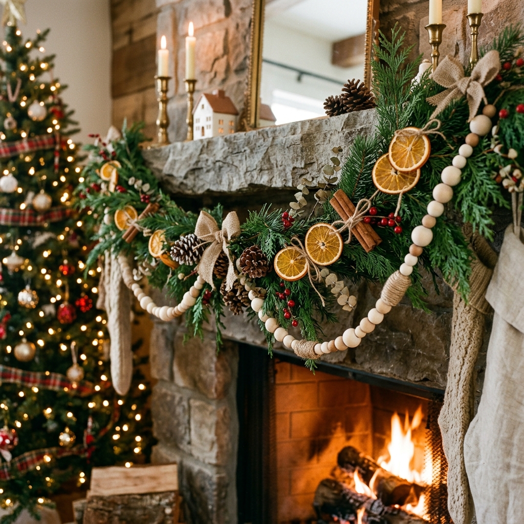 Rustic Christmas garland made with dried oranges, cinnamon sticks, pinecones, cedar, and wooden beads.