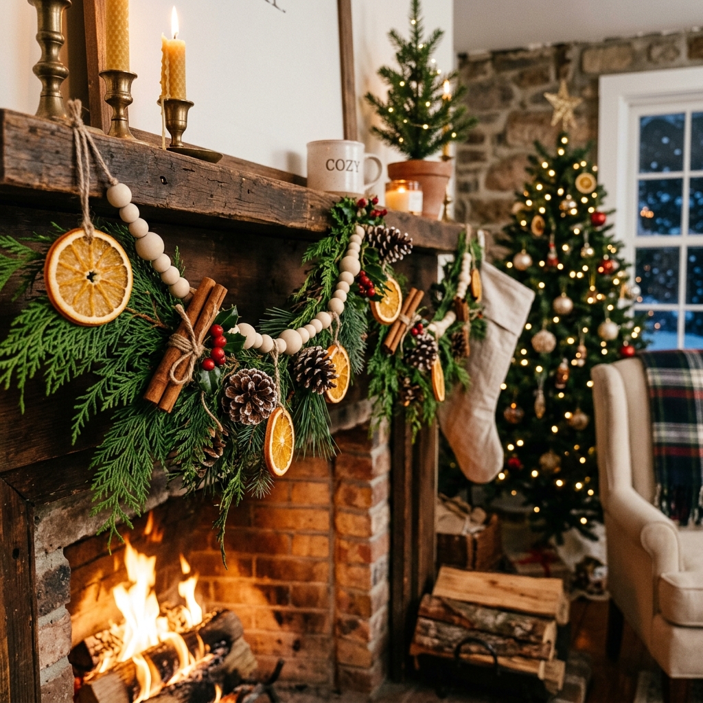 Rustic Christmas garland made with dried oranges, cinnamon sticks, pinecones, cedar, and wooden beads.