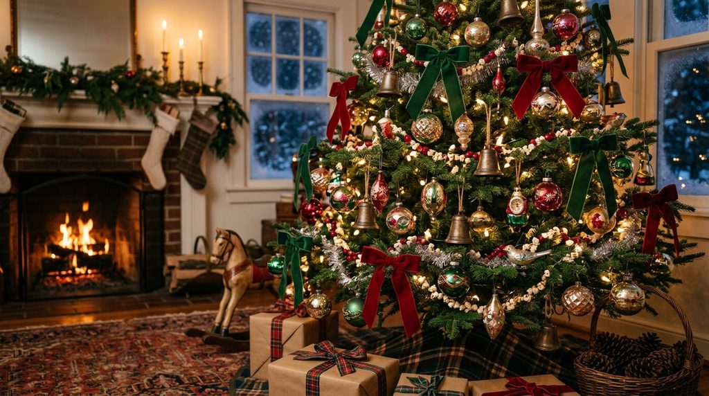 Old-fashioned Christmas tree decorated with vintage glass ornaments, brass bells, and velvet bows.