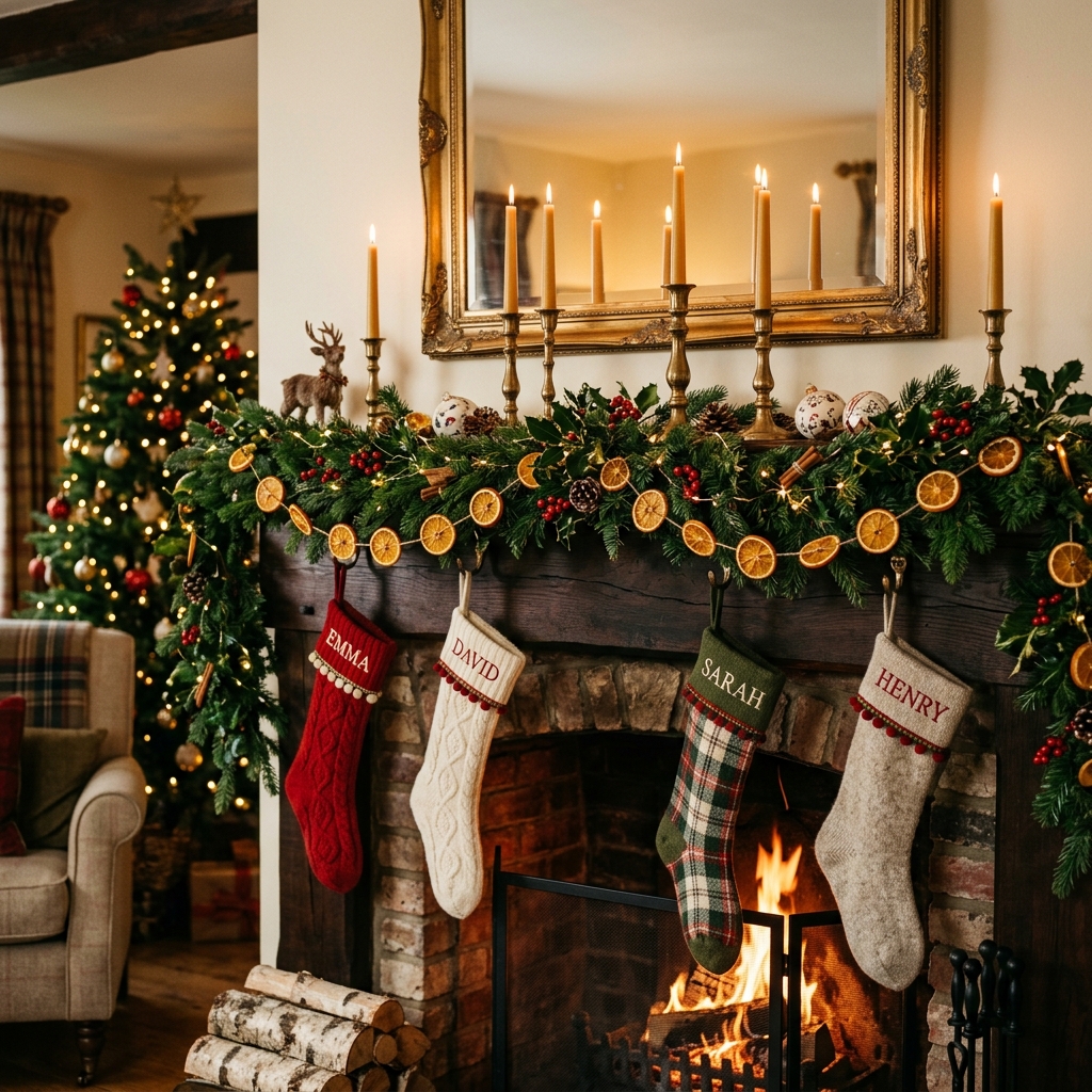 Traditional Christmas mantel with evergreen garland, dried oranges, brass candles, and stockings.
