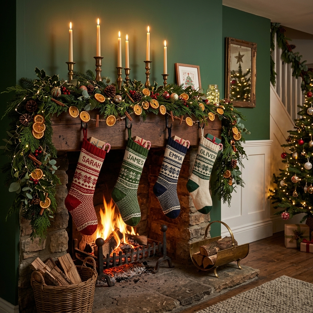 Traditional Christmas mantel with evergreen garland, dried oranges, brass candles, and stockings.