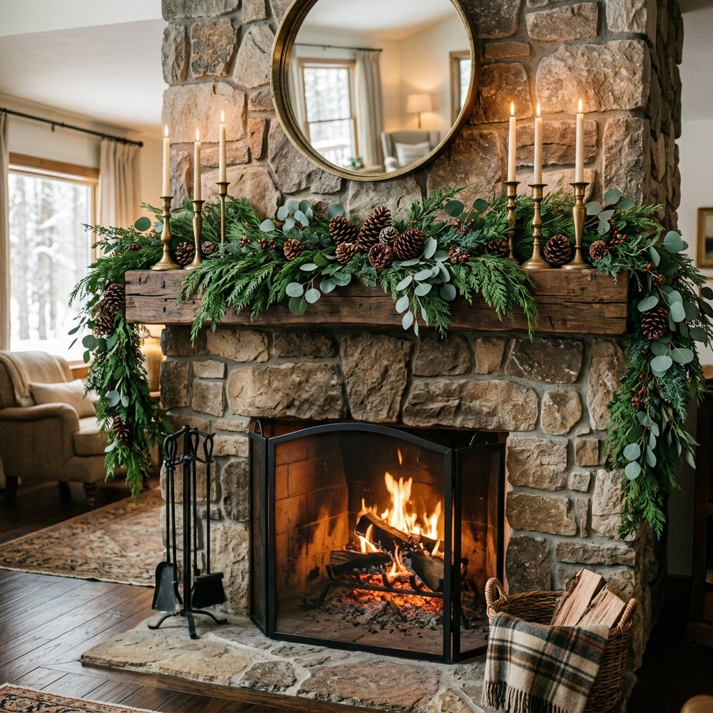 Stone fireplace mantel draped in a full cedar and eucalyptus garland with brass candlesticks and pinecones