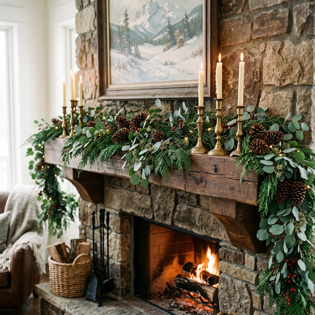 Stone fireplace mantel draped in a full cedar and eucalyptus garland with brass candlesticks and pinecones