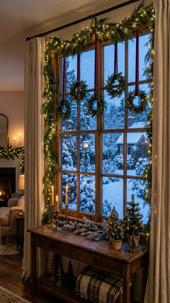 Christmas living room windows decorated with cedar garland, mini wreaths, velvet ribbon and warm white fairy lights.