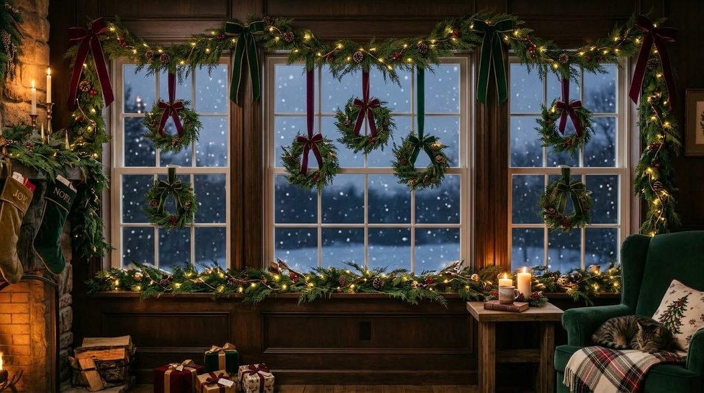 Christmas living room windows decorated with cedar garland, mini wreaths, velvet ribbon and warm white fairy lights.