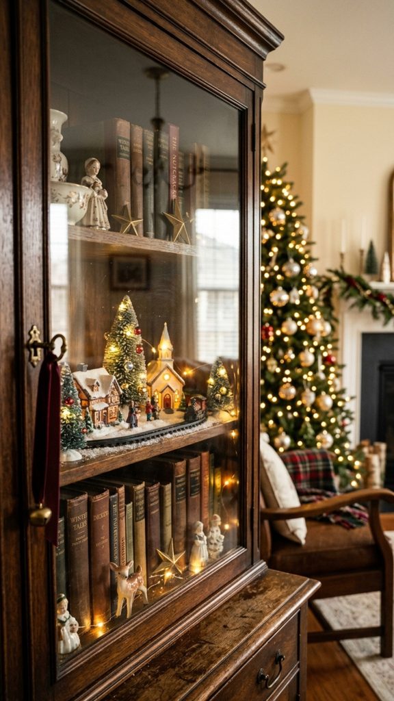 Antique living room cabinet hiding a miniature glowing Christmas village among vintage books and collected décor.