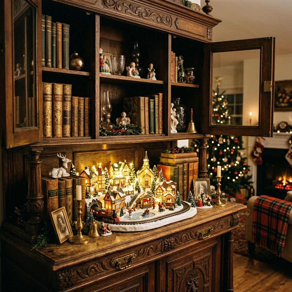 Antique living room cabinet hiding a miniature glowing Christmas village among vintage books and collected décor.