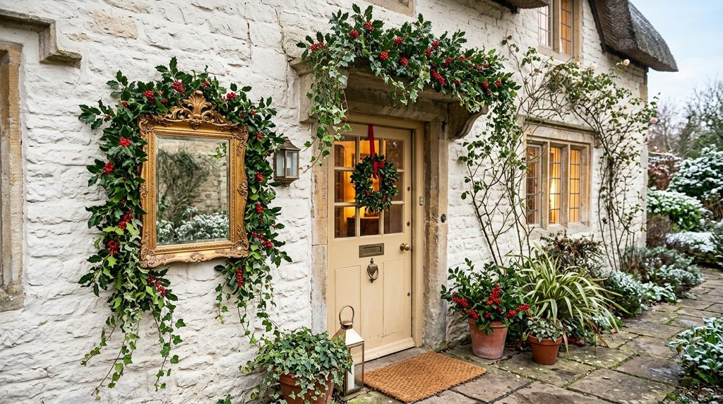 Fresh holly with red berries and trailing ivy arranged above a cottage doorway and around a gilt mirror 