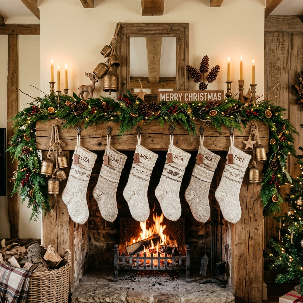 Farmhouse Christmas mantel with cedar garland, brass bells, cream stockings, and rustic wood accents.