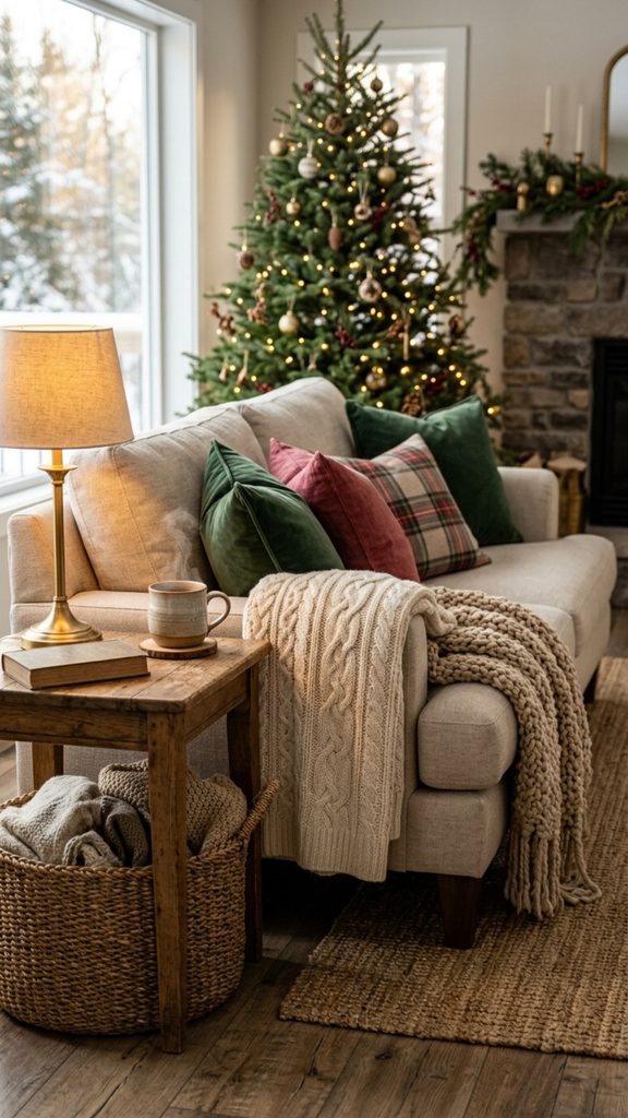 Neutral Christmas sofa layered with cranberry velvet pillows, plaid cushions and chunky cream knit blankets.