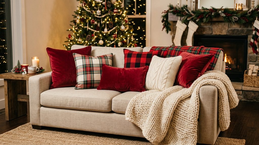 Neutral Christmas sofa layered with cranberry velvet pillows, plaid cushions and chunky cream knit blankets.