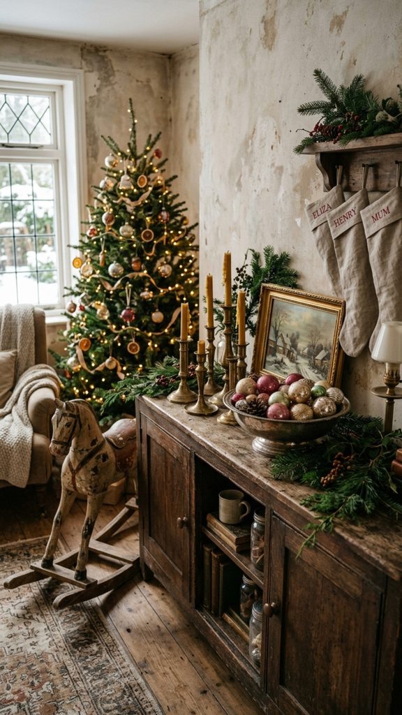 Vintage Christmas living room with antique brass, old ornaments, winter artwork and fresh evergreen branches.