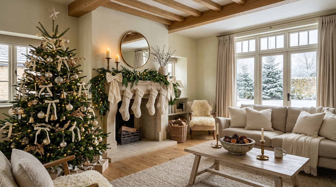 Elegant neutral Christmas living room with an ivory decorated tree, cream stockings, cedar garland, and warm lights.