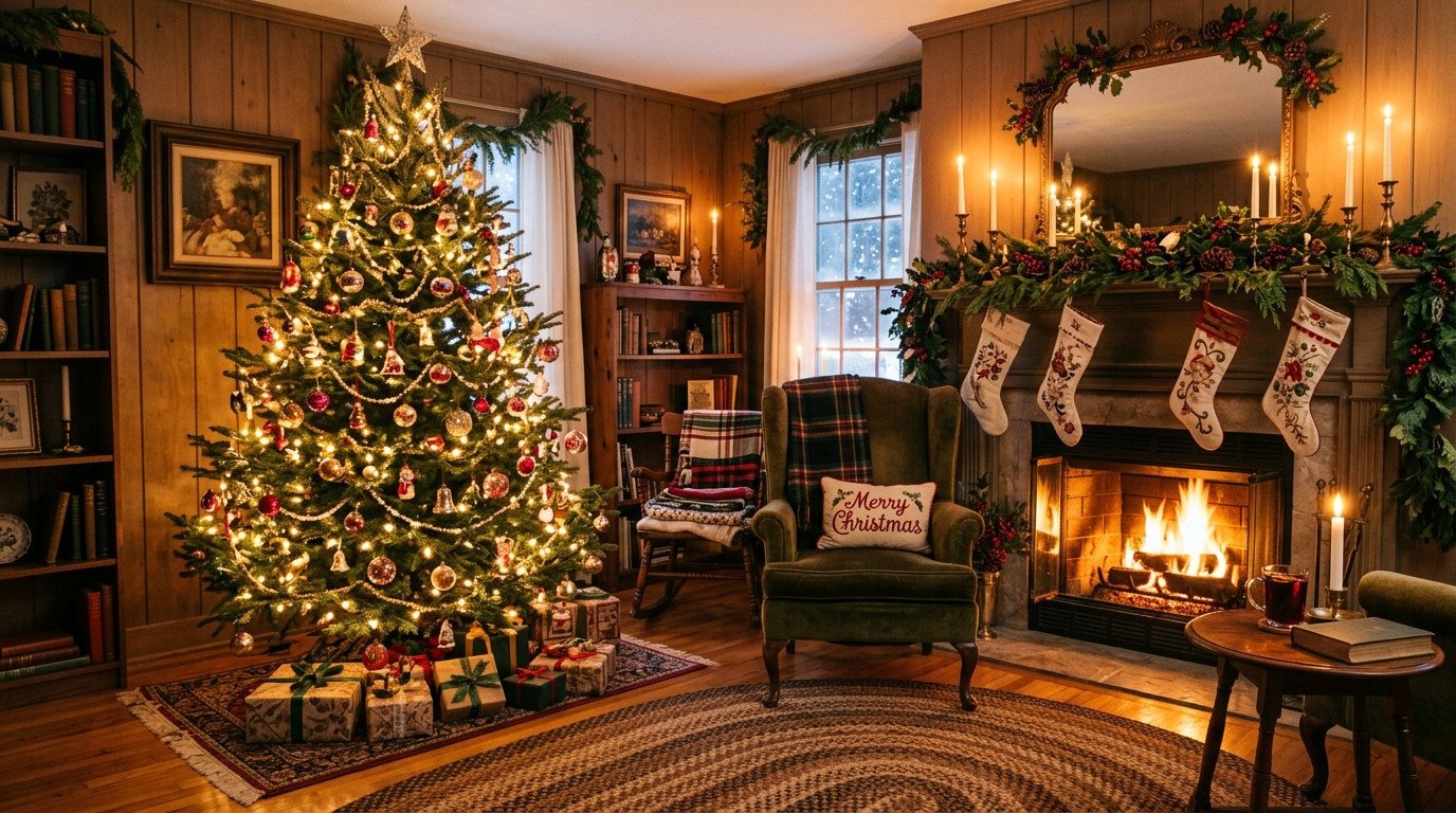 Old-fashioned Christmas living room with vintage ornaments, greenery, candles, and a glowing tree.