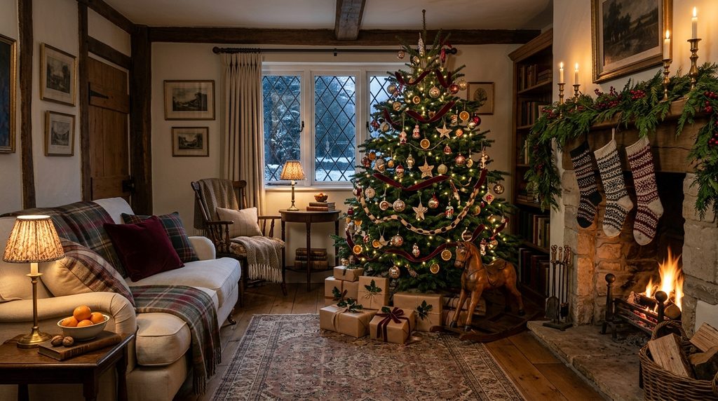 Old-fashioned Christmas living room with vintage ornaments, greenery, candles, and a glowing tree.