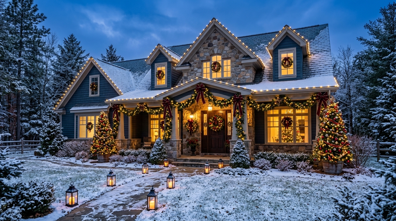 Elegant home glowing with outdoor Christmas lights, greenery, wreaths, and festive porch decorations.