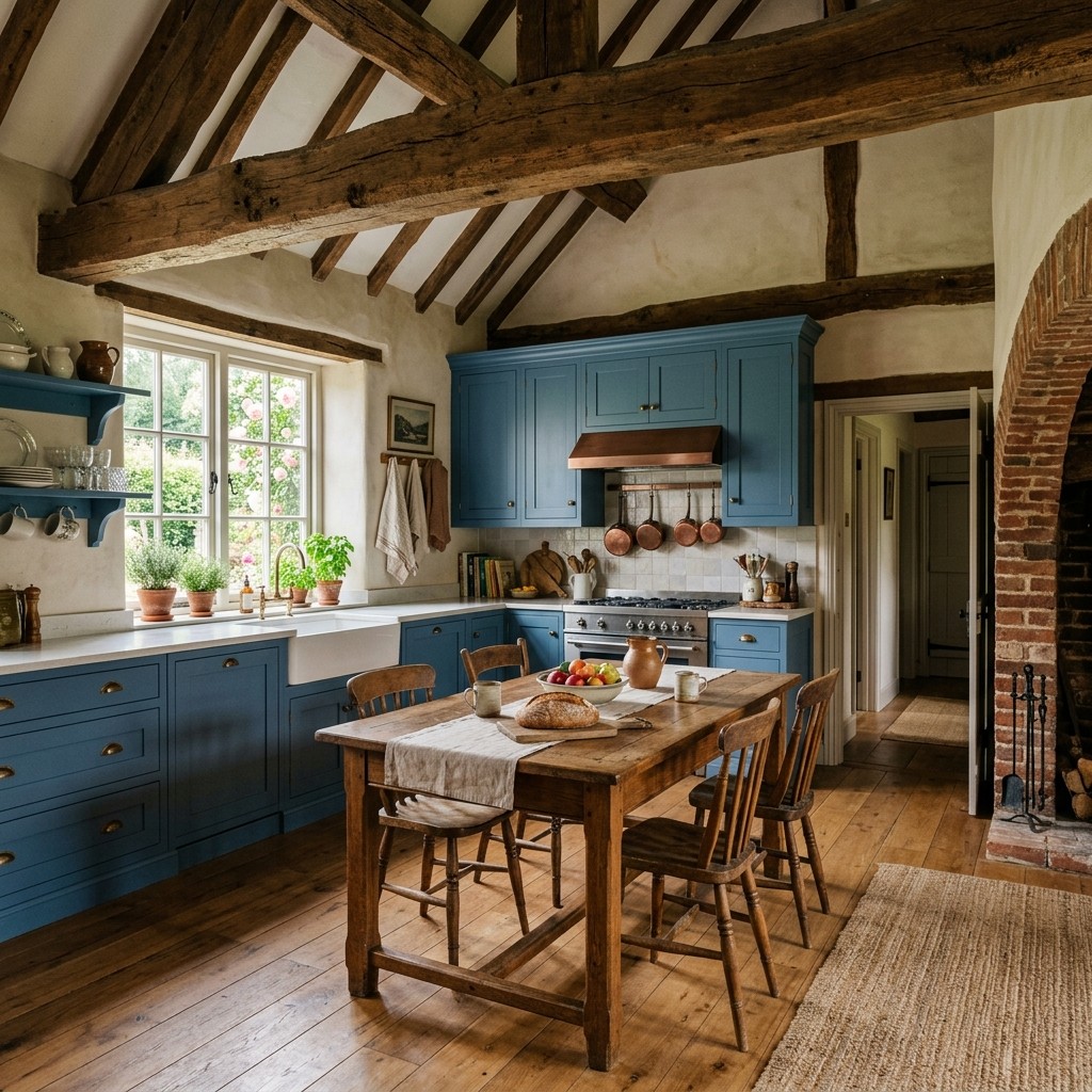 French blue kitchen cabinets warmed by an antique oak table, wood floors and rustic ceiling beams.