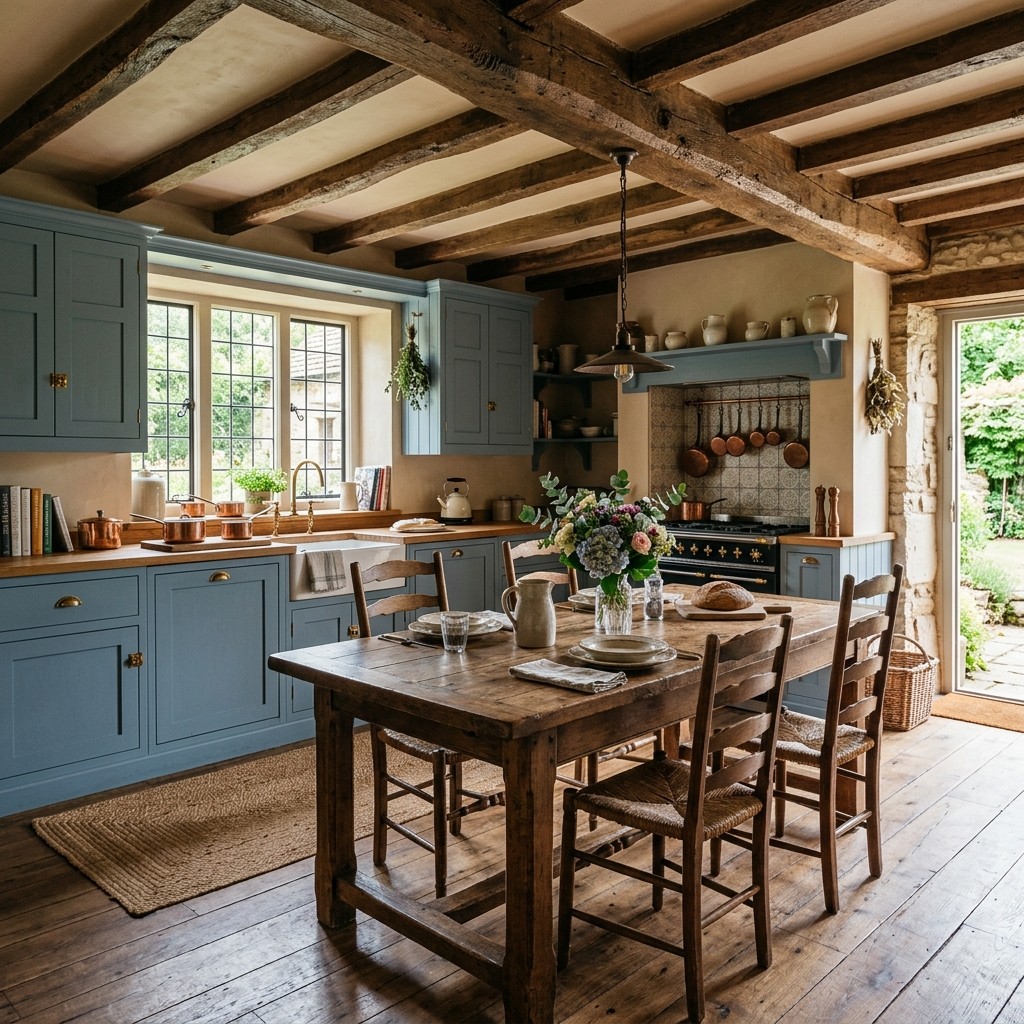 French blue kitchen cabinets warmed by an antique oak table, wood floors and rustic ceiling beams.