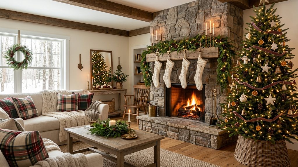 Rustic Farmhouse Christmas Ideas with a cozy tree, stone fireplace, greenery, plaid accents, and warm holiday lights.