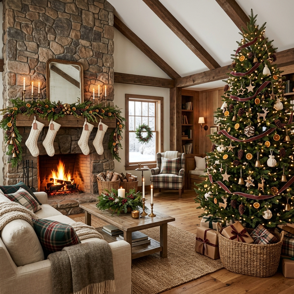 Rustic Farmhouse Christmas Ideas with a cozy tree, stone fireplace, greenery, plaid accents, and warm holiday lights.