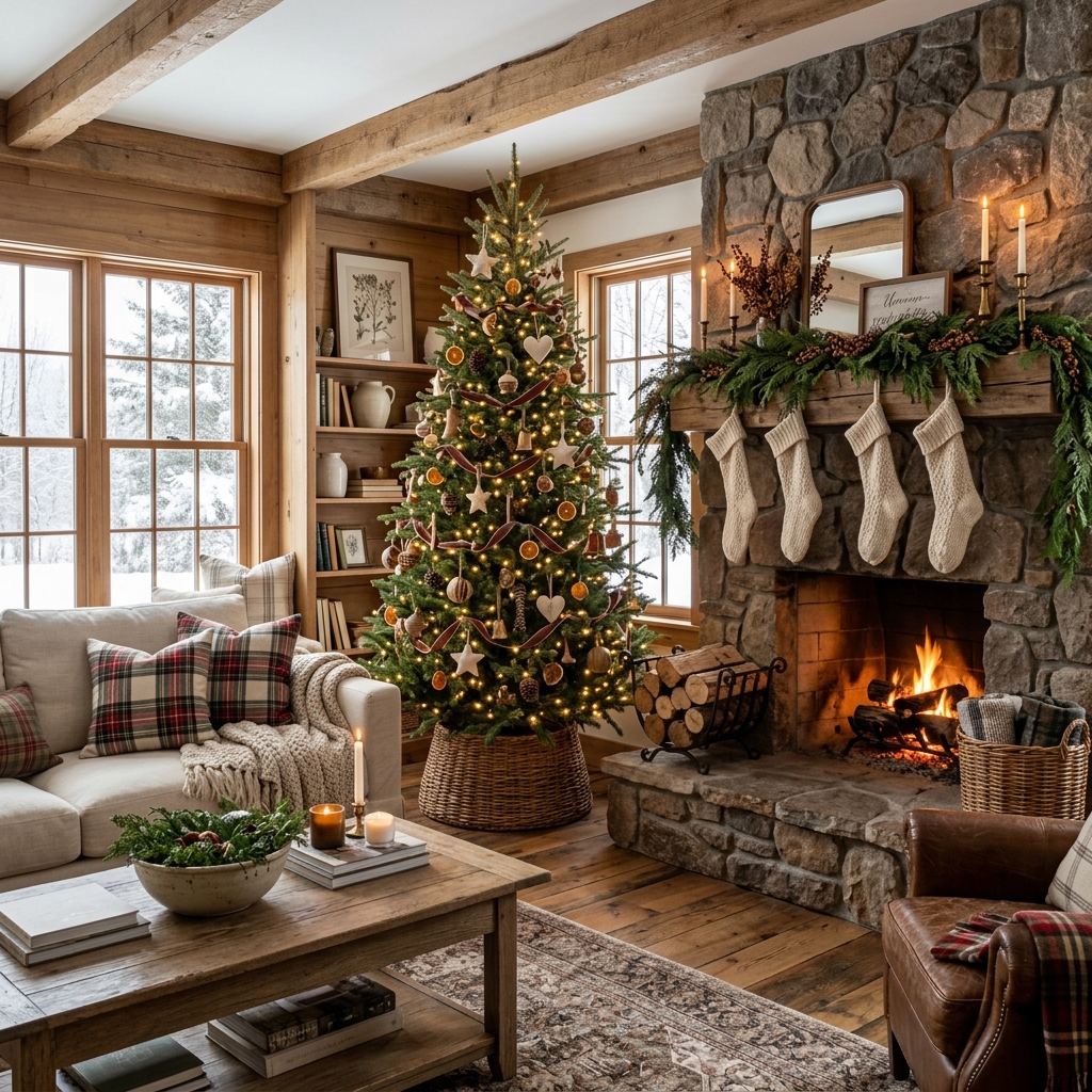 Rustic Farmhouse Christmas Ideas with a cozy tree, stone fireplace, greenery, plaid accents, and warm holiday lights.