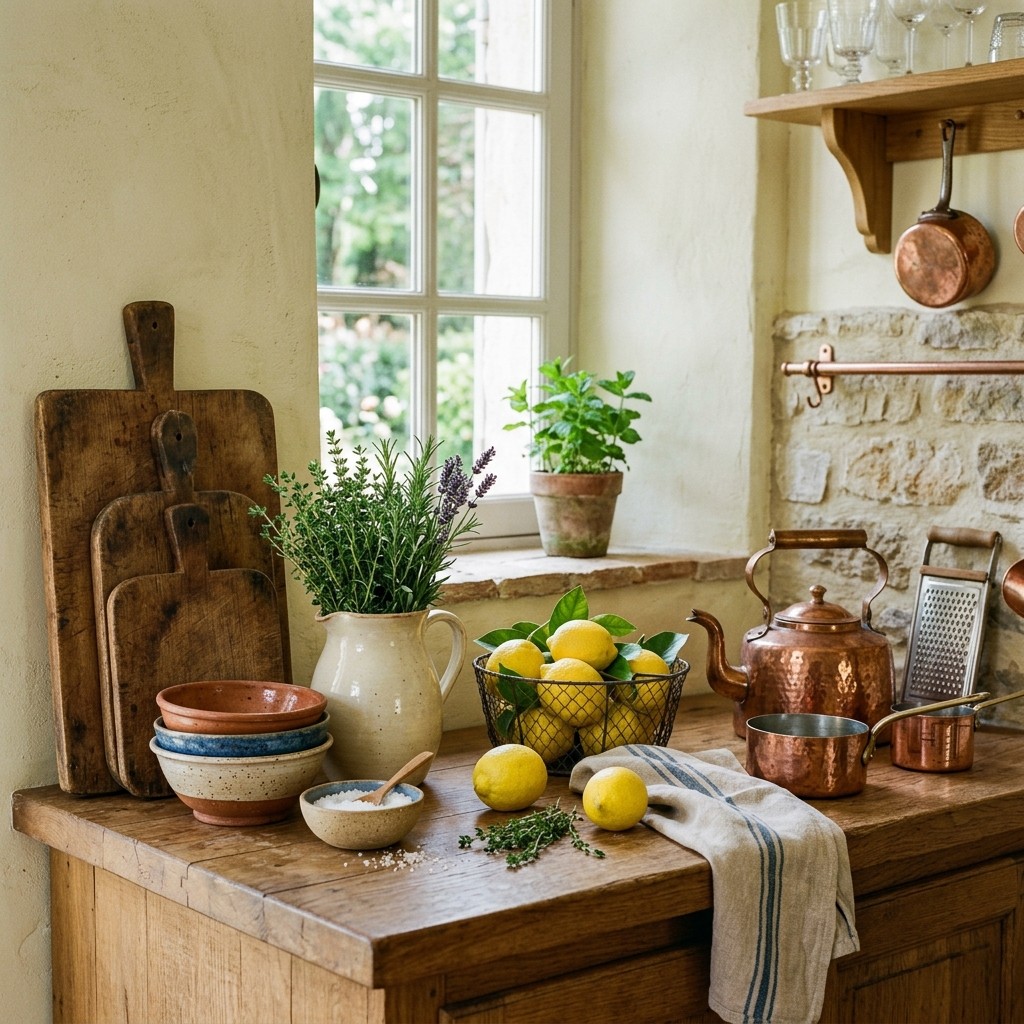 French country kitchen counter styled with breadboards, pottery, lemons, herbs and vintage copper