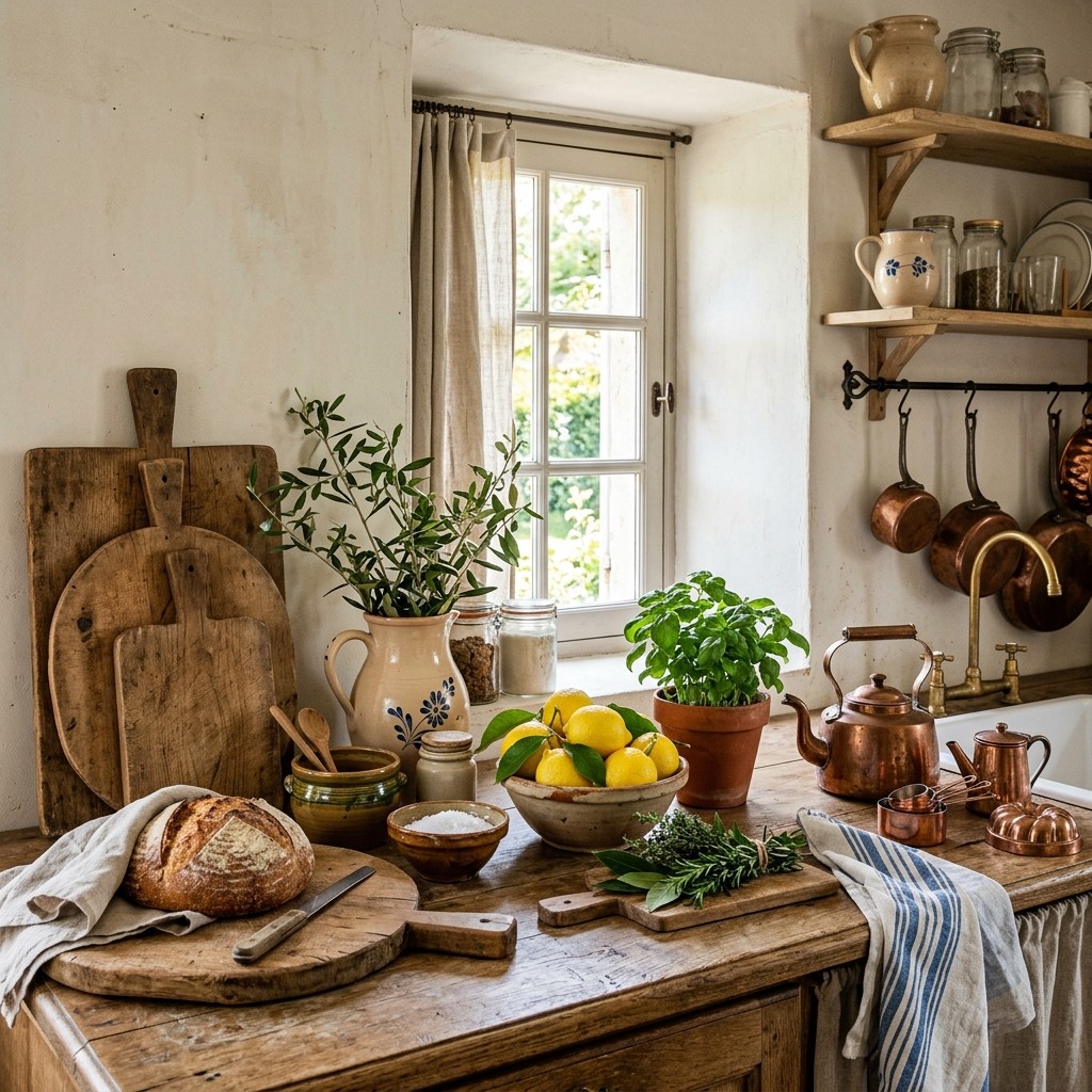 French country kitchen counter styled with breadboards, pottery, lemons, herbs and vintage copper