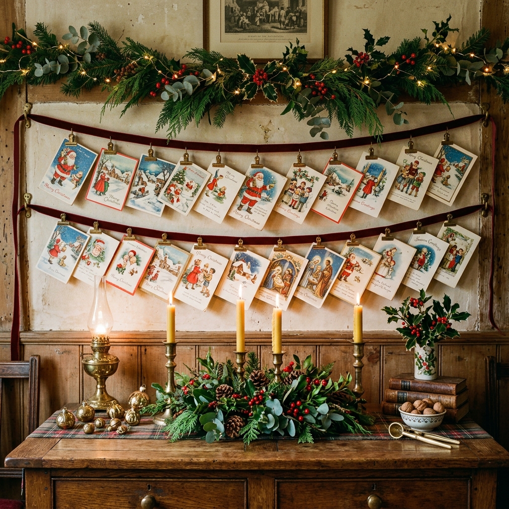 Vintage Christmas cards displayed on ribbon above an antique table with greenery and brass accents.