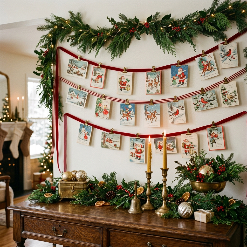 Vintage Christmas cards displayed on ribbon above an antique table with greenery and brass accents.