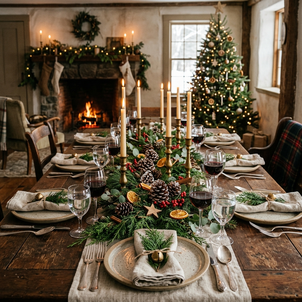 Rustic farmhouse Christmas table with cedar, pinecones, brass candles, linen, and natural holiday accents.