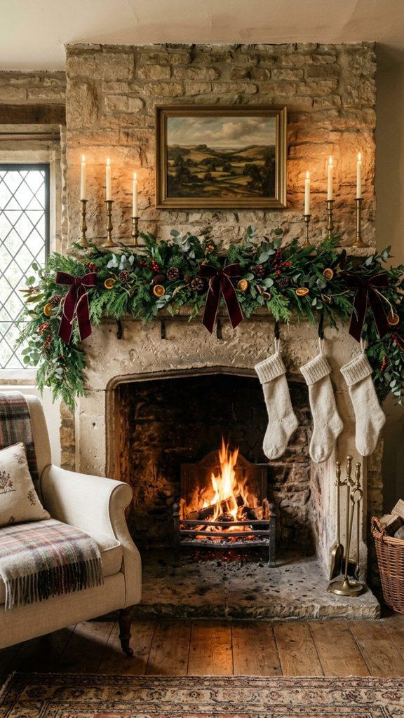 Christmas fireplace mantel with cedar garland, brass candlesticks, velvet ribbon, pinecones and cream stockings.