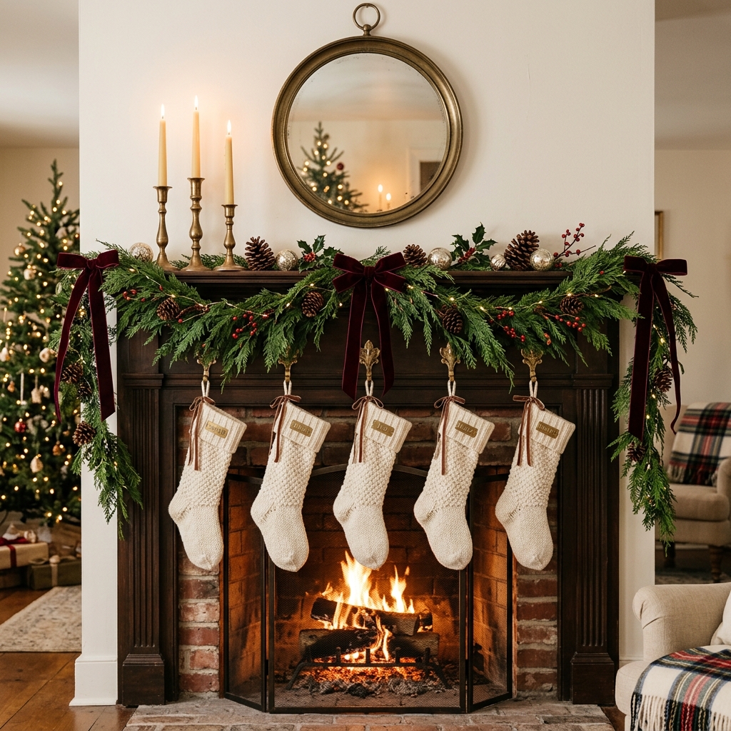 Christmas fireplace mantel with cedar garland, brass candlesticks, velvet ribbon, pinecones and cream stockings.