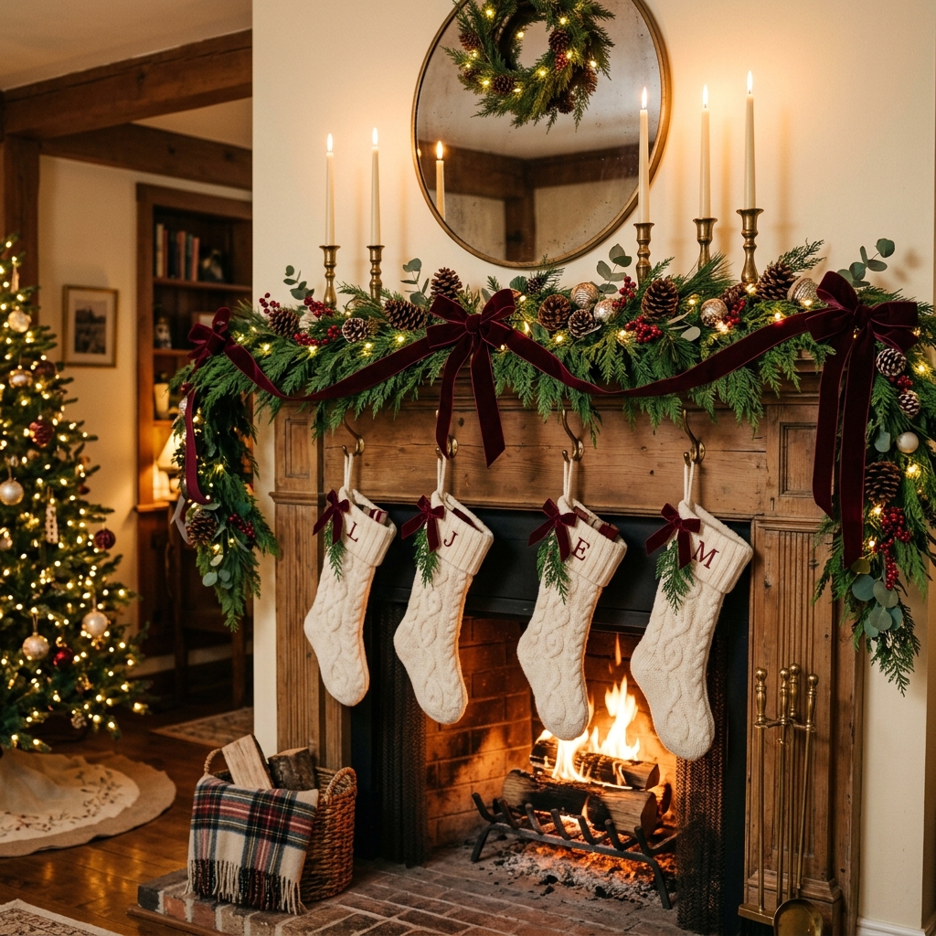 Christmas fireplace mantel with cedar garland, brass candlesticks, velvet ribbon, pinecones and cream stockings.