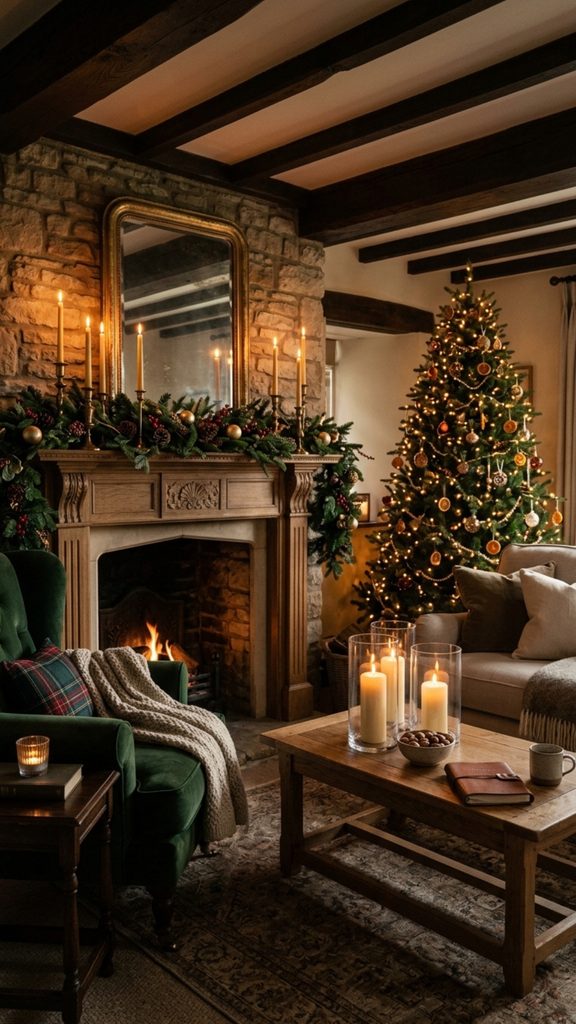 Cozy Christmas living room glowing with layered candles, brass holders, greenery and warm Christmas tree lights.