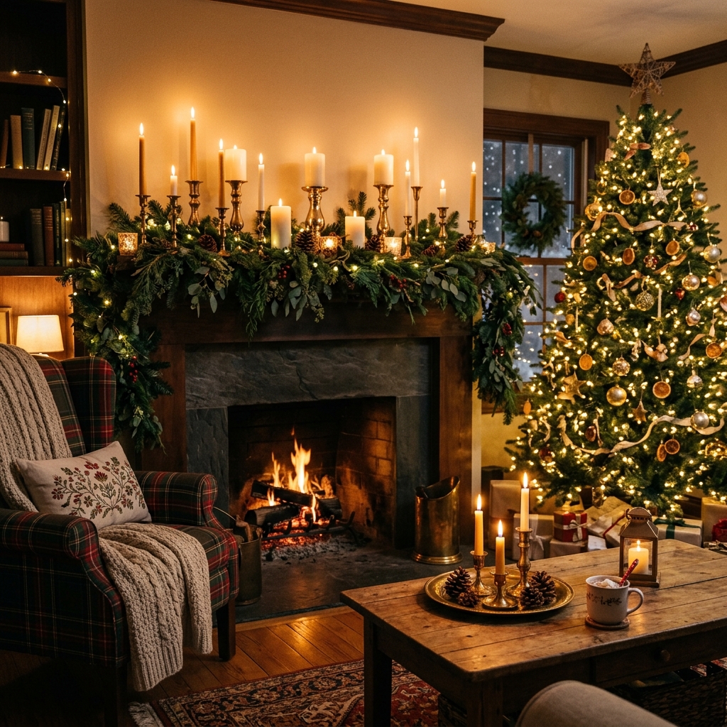 Cozy Christmas living room glowing with layered candles, brass holders, greenery and warm Christmas tree lights.